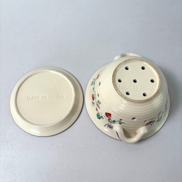 Strawberry Blueberry Fruit Flower Ceramic Colander with Tray Cottage Farmhouse - Picture 7 of 11